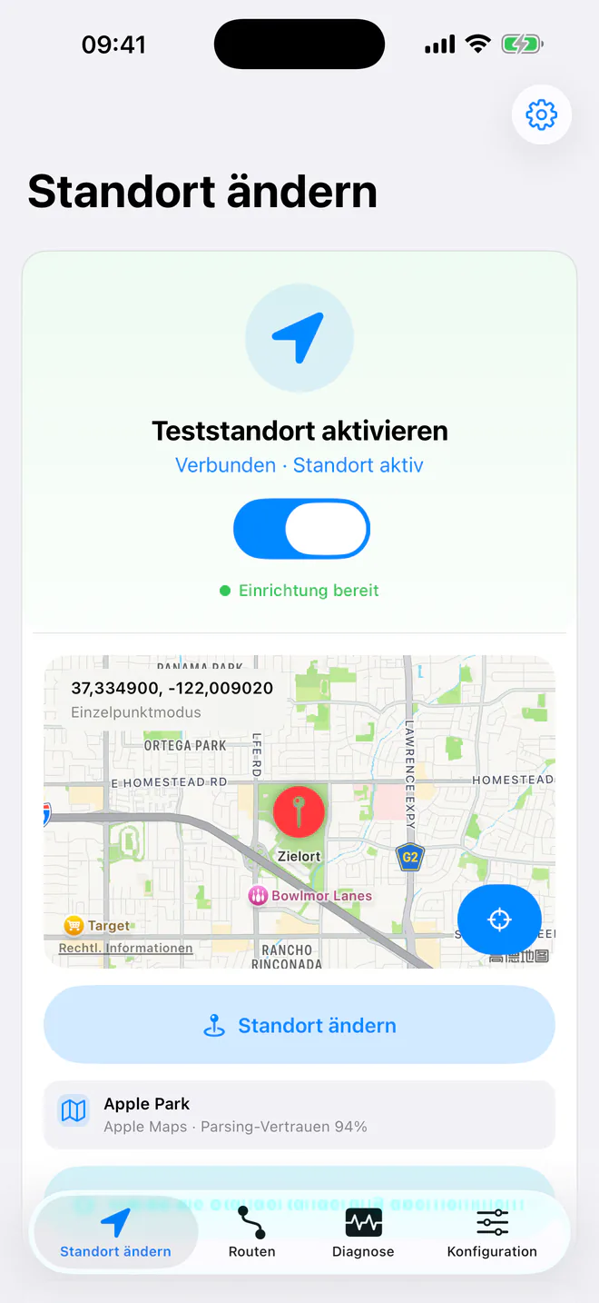 WLOC Standort-ändern-Ansicht mit aktiviertem Teststandort, bereitem Setup, aktiven Koordinaten und Zielkarte