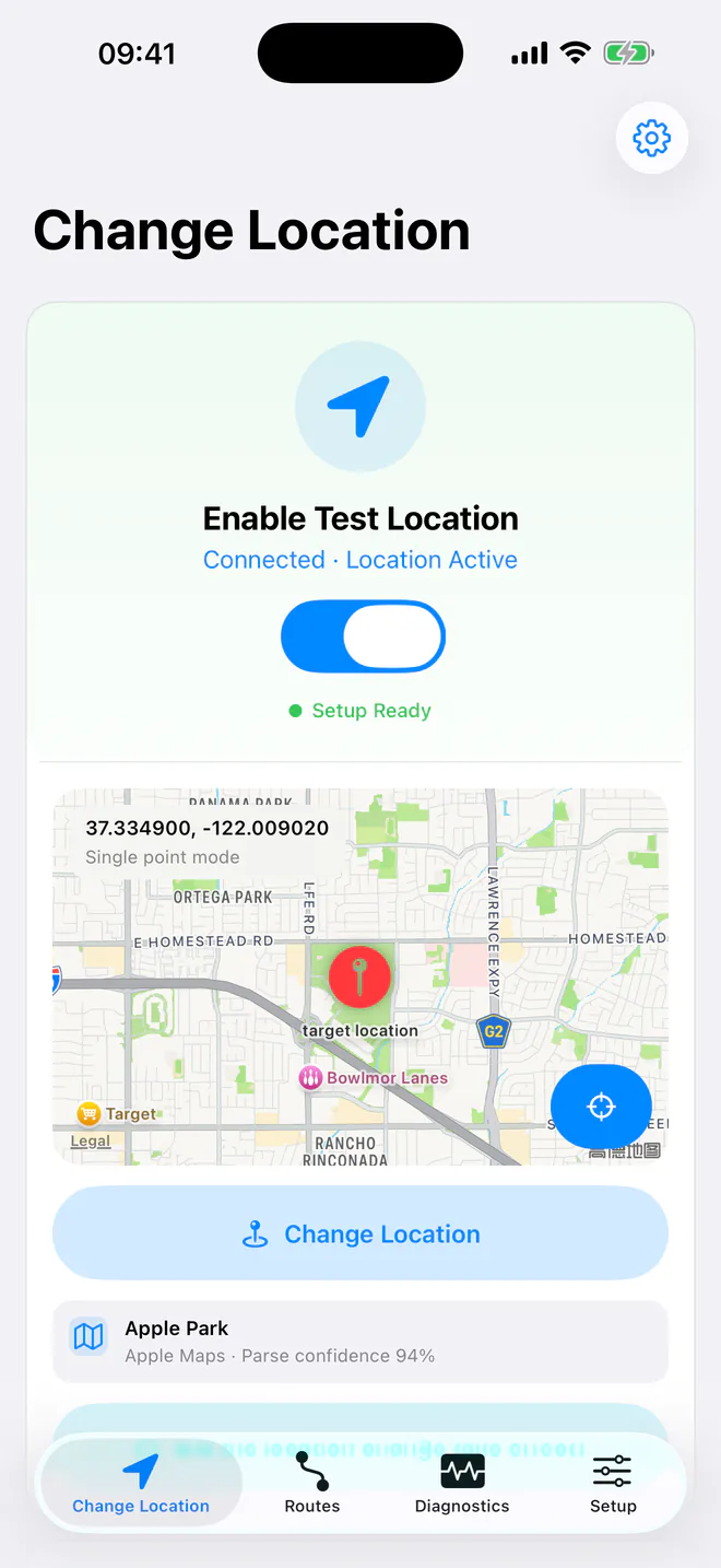 WLOC Change Location screen with the test-location switch on, Setup Ready status, active coordinates, and target map