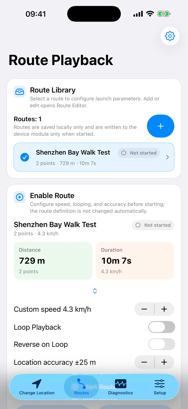 WLOC Route Playback screen showing the route library, total distance, duration, speed, loop, and accuracy controls