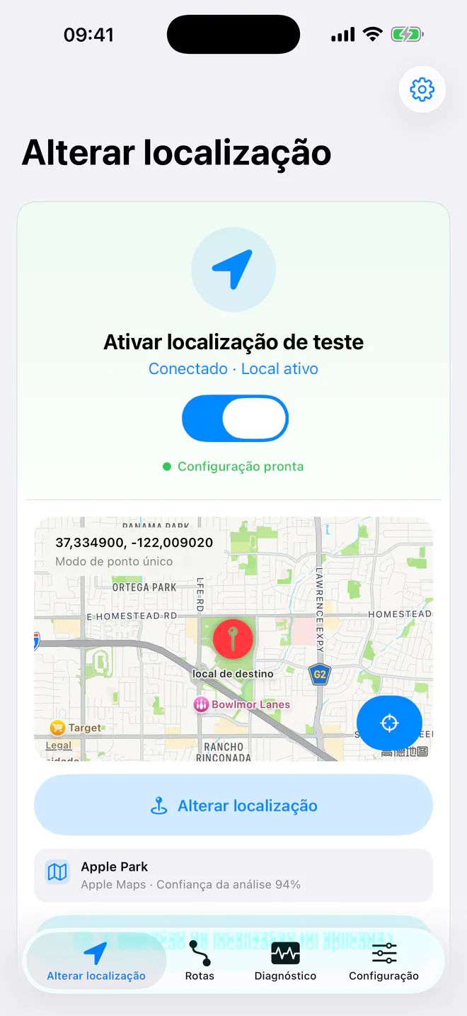 Tela Alterar localização do WLOC com o teste ativado, configuração pronta, coordenadas ativas e mapa do destino